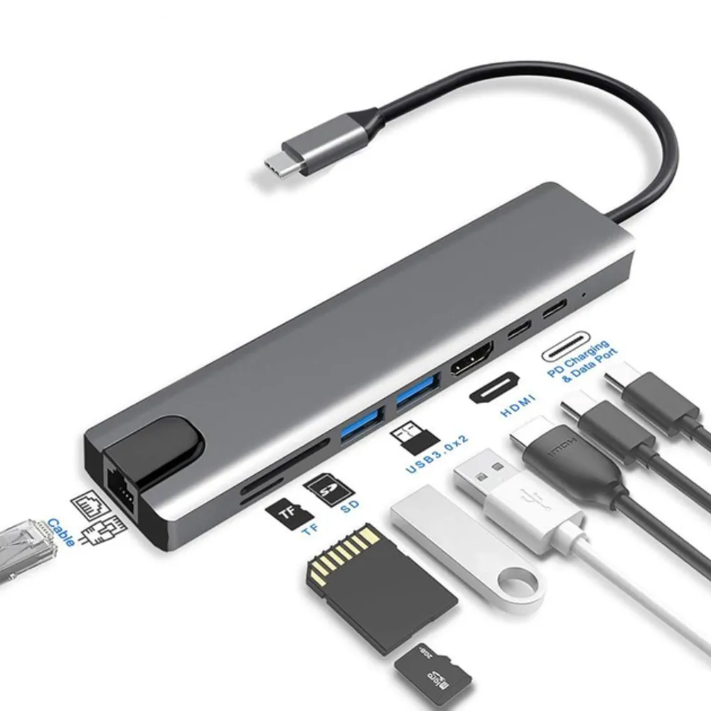تبدیل 1 به 8 همه کاره تایپ سی HDMI/USB/SD/TF/RJ45